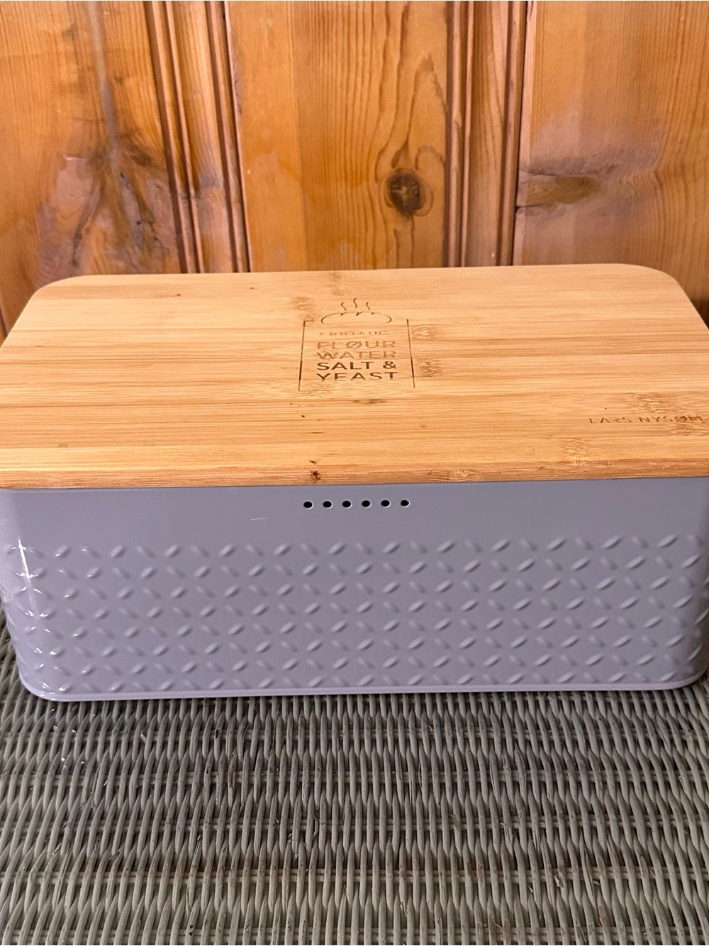 Lars Nysom Bamboo Lid Metal Bread Box in Light Gray Cottagecore